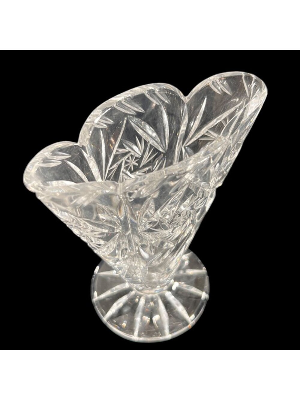 Vintage Cut Crystal Fan Vase Starburst Scalloped Footed Clear 4.5 inch MCM